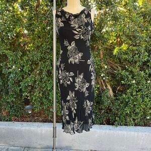 Vintage Eva Blue Floral Sequins Black Midi Ruched Tank Dress Women’s 4 Y2K